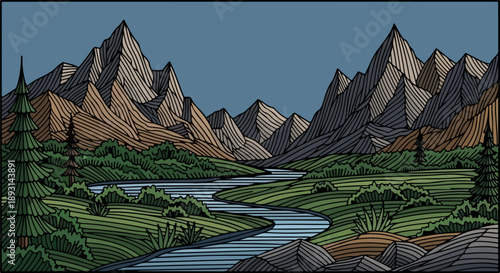 Detailed illustration of a serene mountainous landscape with a lush valley and winding river