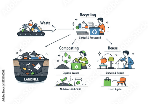 Waste Flow Solutions. Landfill diversion strategies and alternatives. A clean cutaway diagram showing waste flowing into recycling, composting, and reuse