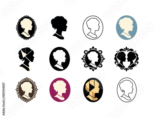 Victorian Fashion Icons. Victorian fashion. Icon set. Set Logo of Victorian fashion: cameo brooch portrait. harmonious logo variations of the same emblematic