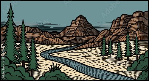Mountain landscape illustration with winding river and evergreen trees framed by a rectangular border