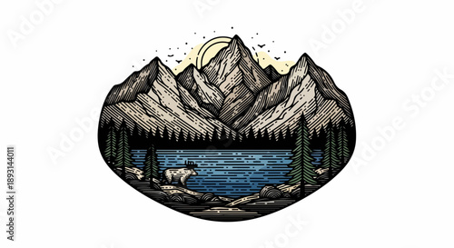 Nighttime landscape with mountains, moon, and a solitary figure by a body of water