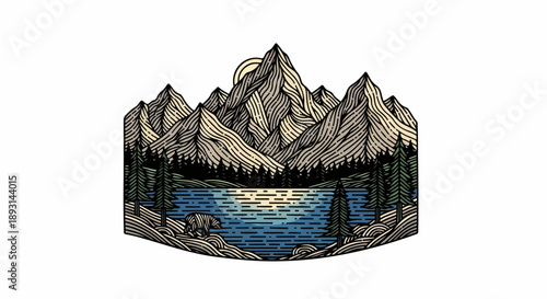 Illustration of a serene mountainous landscape with a crescent moon, dense forest, and a tranquil body of water