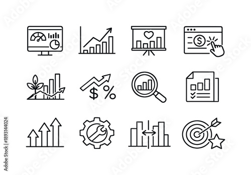 Marketing Performance Icons. Marketing Performance. Line icon set of Marketing Performance: KPI dashboard, reach growth line, engagement chart, paid campaign