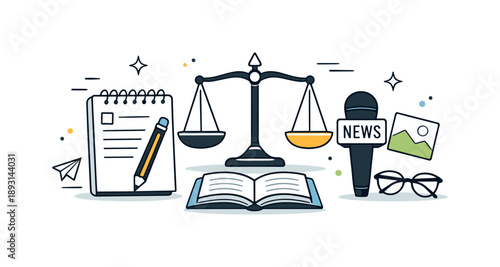 Balanced Justice Illustration. Journalism and law. An abstract editorial scene showing scales of justice and a notepad working together in visual balance. The