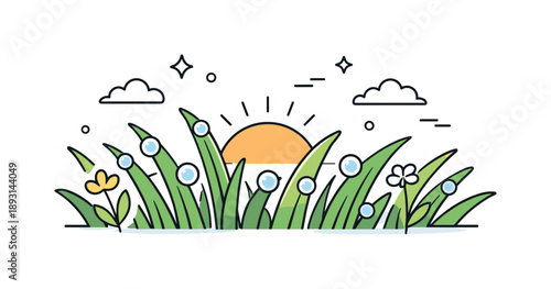 Morning Dew Serenity. June morning dew on grass. A low-angle view of grass with dew shimmering softly as the sun rises. The mood feels calm, hopeful, and