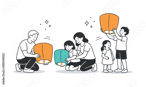 Family Lighting Lanterns. People lighting lanterns family moment. Parents and children lighting lanterns together with careful gestures. Warm bonding and