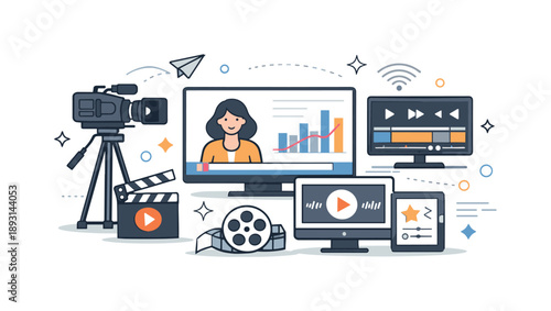 Modern TV Graphics. TV graphics and visual effects ? modern television design. Clean editorial still-life of screens, cameras, and graphic elements,