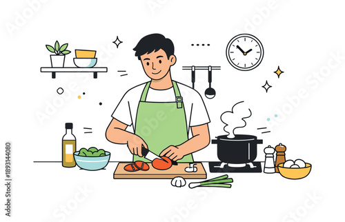 Culinary Creativity Unveiled. Cooking as a hobby illustration. Character preparing food in a calm kitchen setting, representing indoor culinary creativity.