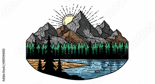 Rugged mountain range with dense evergreen forest and calm blue water under a golden sky