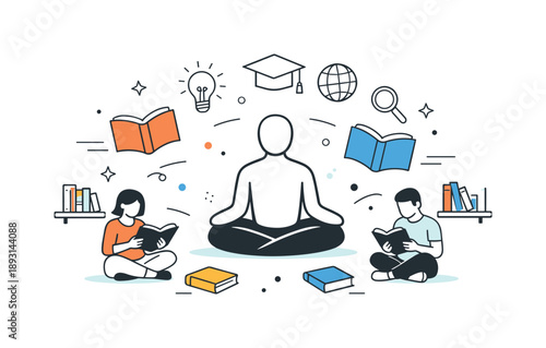 Floating Knowledge Scene. Library visitors concept scene. Central abstract figure surrounded by floating books, shelves, and light icons of learning. Visual