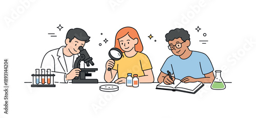 Curious Lab Collaboration. Science lab group. Students working together at a lab table, observing samples and taking notes. Calm teamwork and curiosity-driven