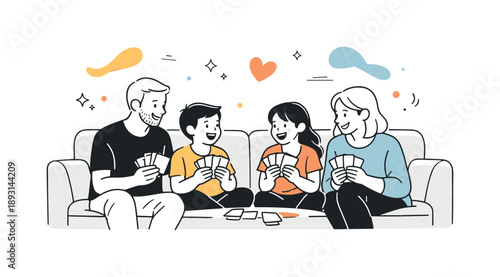 Family Card Night. Home bonding time. Family members sit together on a sofa playing cards and laughing quietly. Relaxed evening, comfort, emotional closeness,