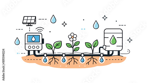 Smart Drip Irrigation. Water-efficient irrigation system. A smart drip irrigation setup delivers water directly to plant roots in a garden bed. Sustainability,