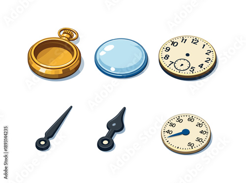Vintage Timepiece Icons. Vintage timepiece. Isometric flat vector icons set of vintage timepiece: brass pocket watch body, glass crystal cover, classic clock
