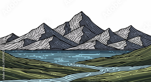Detailed landscape illustration of a mountainous scene with a winding river, lush vegetation, and rugged peaks