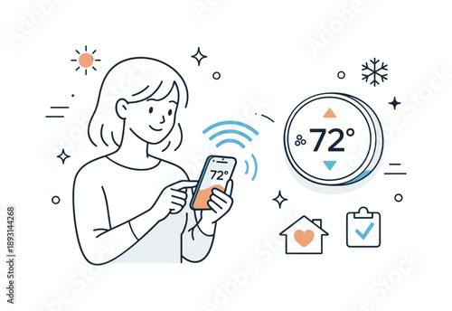 Smart Thermostat Control. Smart thermostat control. A homeowner using a smartphone to manage home temperature, wireless connection between phone and