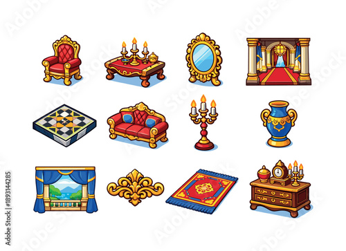 Palace Interior Icons. Palace interior. Colorful isometric vector icons set of Palace interior: throne chair, royal table, gilded mirror, palace corridor,