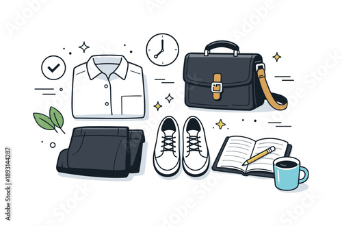 Morning Productivity Essentials. Setting out clothes for the morning productivity. An editorial-style scene showing clothes prepared next to a bag