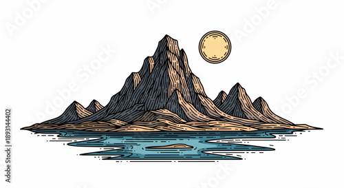 Detailed illustration of a tranquil mountain landscape with a central peak, deep blue water, and a warm yellow sun