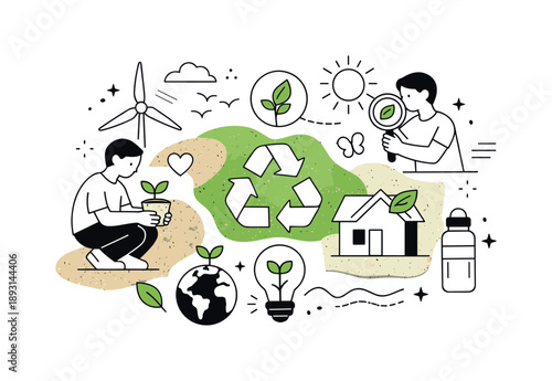 Organic Eco Design. Inspirational design with ecology materials trend. An abstract editorial scene with organic shapes, recycled textures, and eco icons