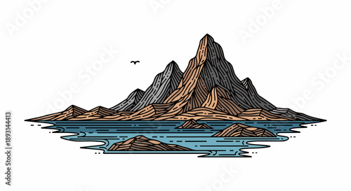 Serene mountainous landscape with deep blue water and a flying bird