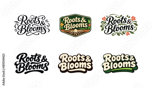Roots and Blooms. Roots and blooms. Set lettering. harmonious lettering variations of the same emblematic concept, each with different artistic interpretation