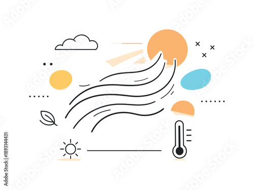 Warm Air Abstraction. Air warming abstraction. An abstract editorial illustration using curved lines, soft rays, and floating shapes to represent warmth