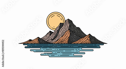 Stylized illustration of a serene mountainous landscape with a calm body of water and a yellow sun