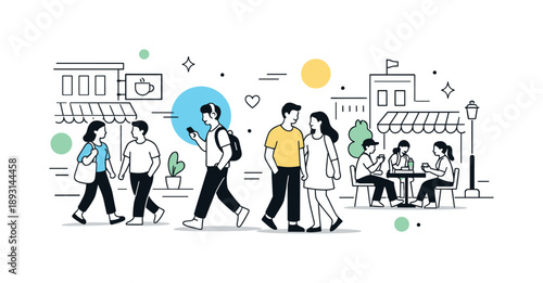 Urban Rhythm Abstraction. City life everyday scene. People walking along a city street with cafes and buildings around, relaxed movement and casual