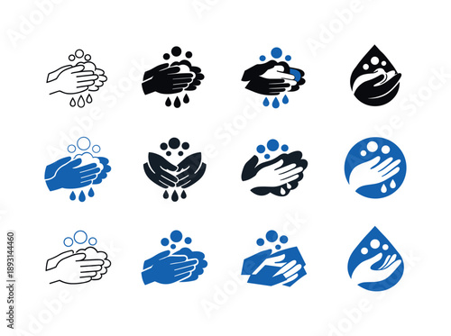 Hygiene Logo Variations. Personal hygiene. Icon set. Set Logo of personal hygiene: hand washing with water and soap bubbles. harmonious logo variations of the