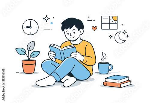 Calm Reading Ritual. Everyday reading habit. A person enjoying a book as part of a daily routine. Calm lifestyle and personal time captured in a