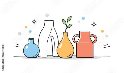 Minimalist Vase Display. Editorial vase display. A small group of uniquely shaped vases on a flat surface, light accents and abstract decorative dots floating