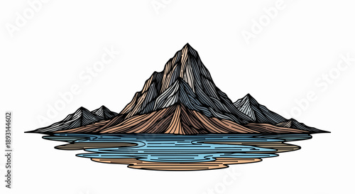 Detailed line art illustration of a serene mountainous landscape with a body of water in the foreground