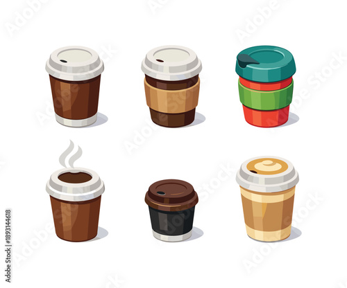 Isometric Coffee Icons. To-go coffee cup. Isometric flat vector icons set of to-go coffee cup: paper coffee cup with lid, takeaway coffee cup sleeve, reusable