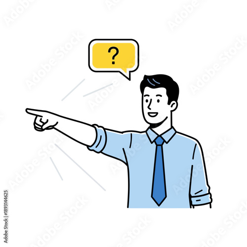 Man pointing with question mark speech bubble, confusion, direction, business illustration