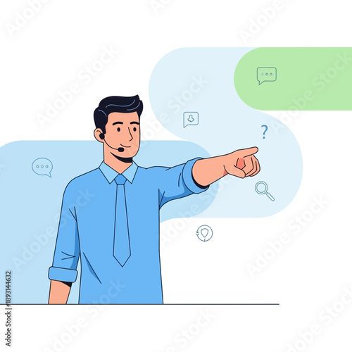Man with headset pointing, customer service, support, advice, information, ideas