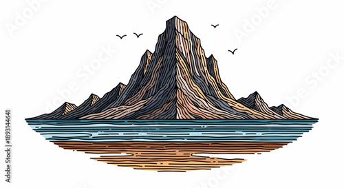 Detailed illustration of a serene mountainous landscape with a lake in the foreground