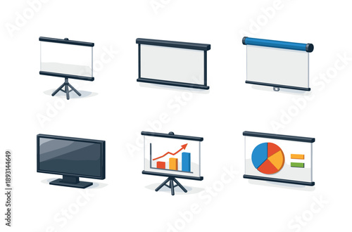 Colorful Presentation Screen Icons. Presentation screen. Isometric flat vector icons set of Presentation screen: projector screen on tripod, wall-mounted