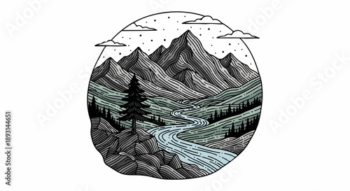 Circular framed illustration of a mountainous landscape with a forest and river at night
