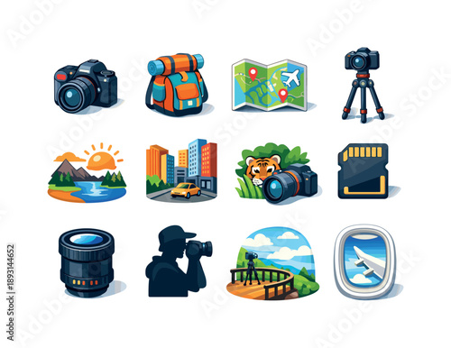 Isometric Photography Icons. Photography tours and travel photography. Colorful isometric vector icons set of Photography tours and travel photography: DSLR