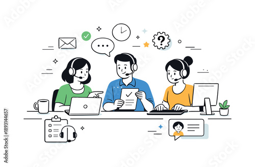 Customer Service Collaboration. Customer service desk. A small team collaborating at desks, reviewing tickets and assisting customers together. Calm teamwork