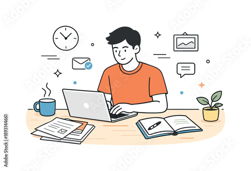Calm Remote Workspace. Remote work. Person working calmly on a laptop at home, focused on tasks with documents and notes nearby. Quiet productivity and