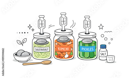 Fermentation Setup Illustration. Kitchen fermentation setup. Jars with airlocks, weights, and simple labels arranged for preparation. Thoughtful slow-food