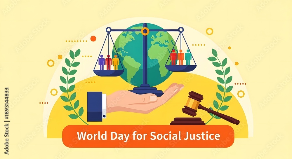 Fototapeta premium Humanitarian hand supporting the globe on scales of justice with gavel and diverse people.