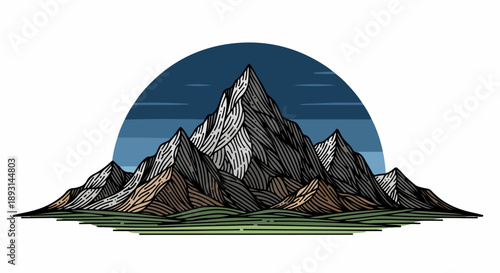 Dramatic mountain range with intricate line work and rugged peaks