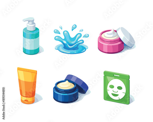 Skincare Routine Icons. Skincare Routine. Isometric flat vector icons set of Skincare Routine: cleanser bottle, toner splash, moisturizer jar, sunscreen tube,