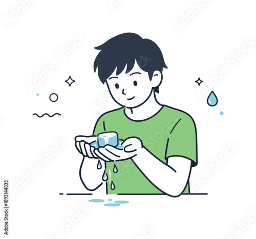 Curious Ice Transformation. Ice to water transition. A character watching ice melt in their hands, with soft drip lines and minimal expressions.