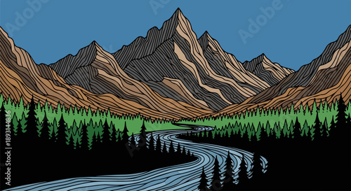 Detailed illustration of a serene mountainous landscape with a dense forest, winding river, and clear blue sky