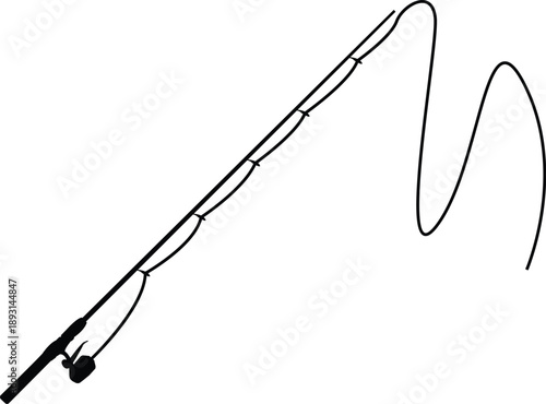 Black fishing rod and line silhouette for outdoor recreation and maritime hobby activity design concepts isolated on a white background