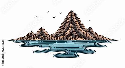Illustration of a mountainous landscape with a flowing body of water and birds in flight